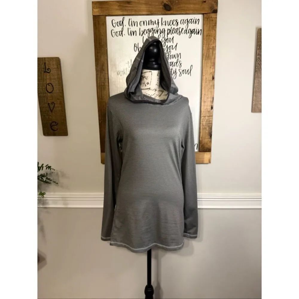 Mono B Women's Striped Thumbhole Pullover Athletic Hoodie Top Black Medium NWOT